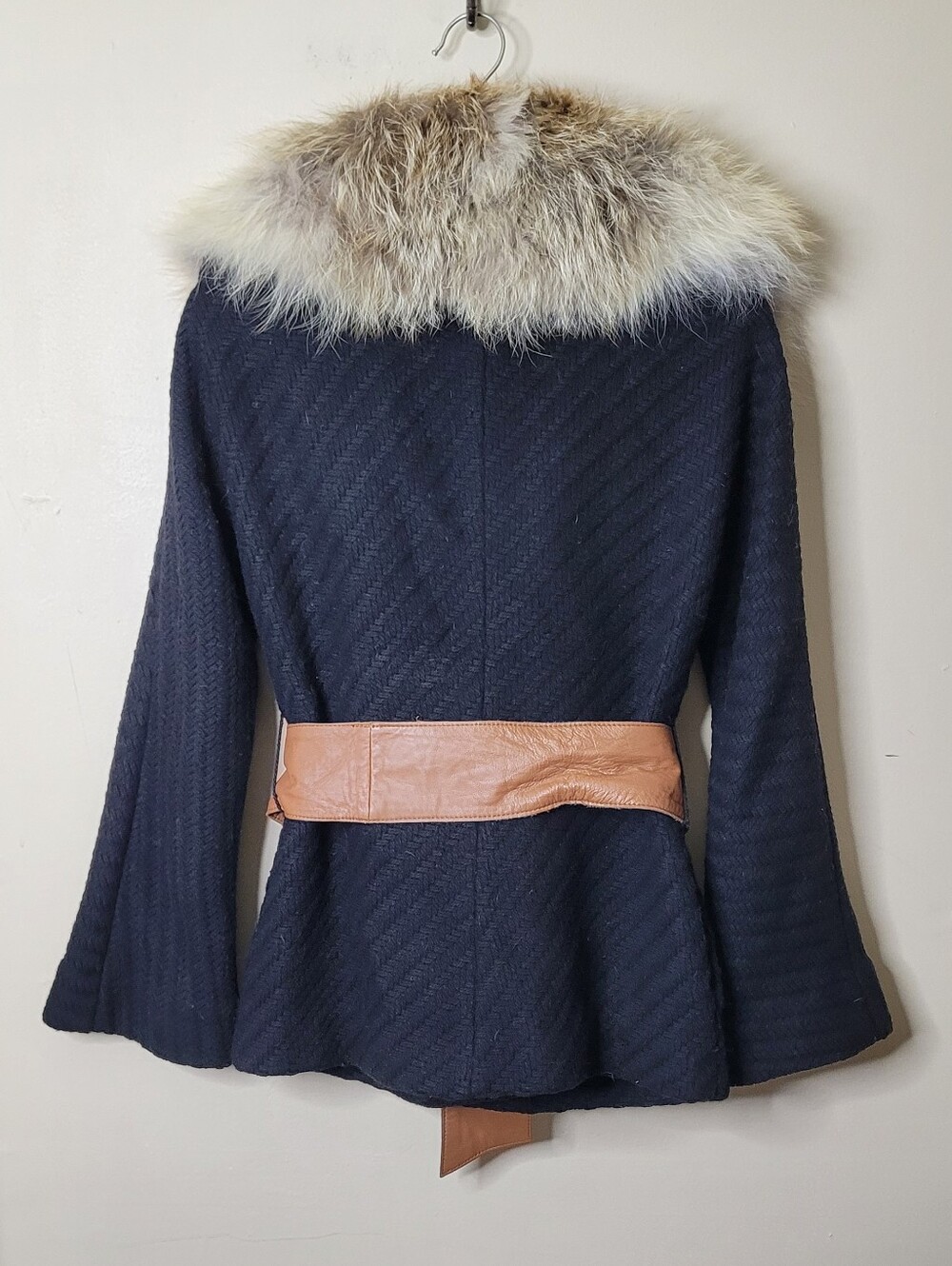 Marciano Wool Coat Red Fox Fur Collar Leather Belt NWT - Picture 9 of 13